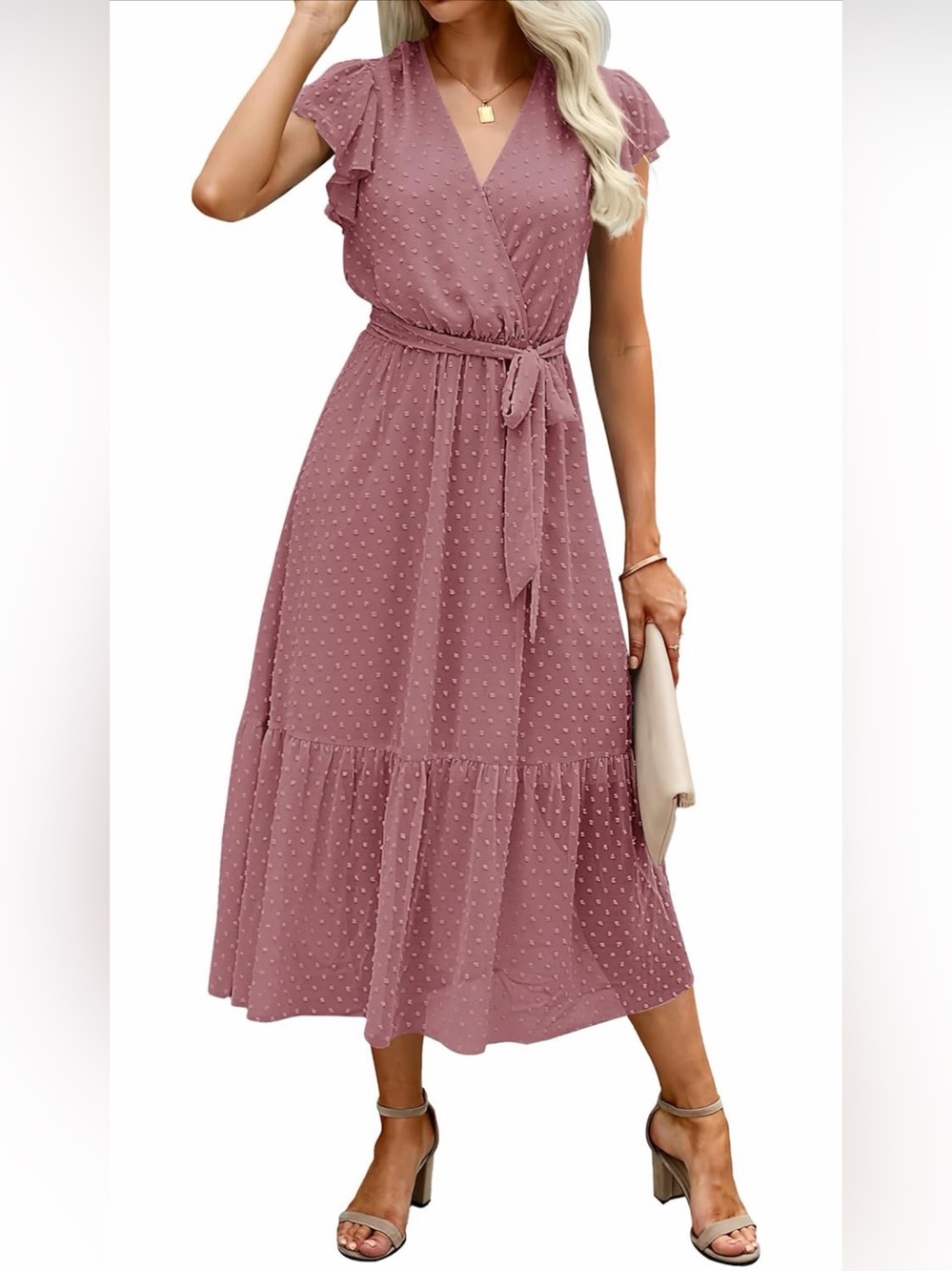 NWOT Flutter Sleeve Wrap Maxi Dress in Dusty Rose, Medium